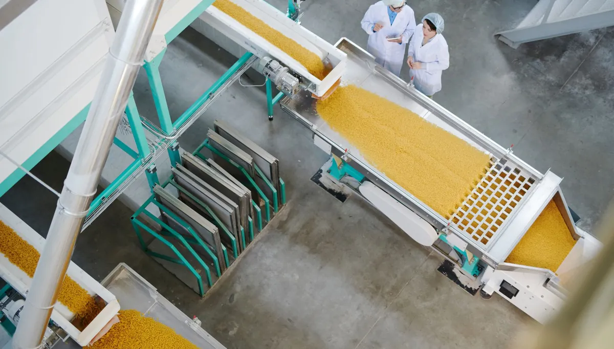 Esteira transportando produtos em linha de alimentos
