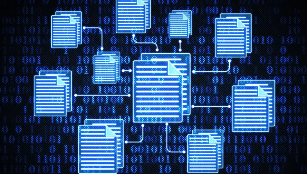 Ilustração de documentos digitais conectados sobre fundo de código binário